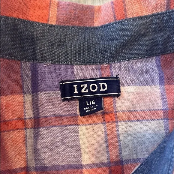 Izod Women’s Large Salmon Purple White Plaid Linen Blend Button Up Shirt - Picture 4 of 7